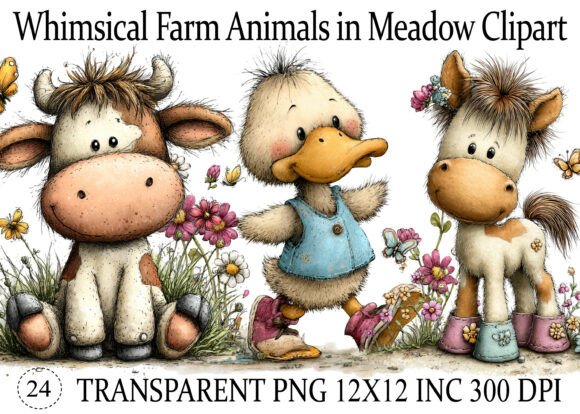 Download Whimsical Farm Animals in Meadow Clipart - Meadow Collection