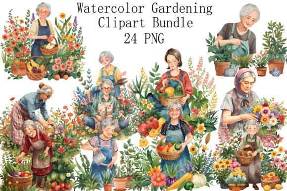 Download Watercolor Grandma Gardening Clipart - Gardening clipart Collection