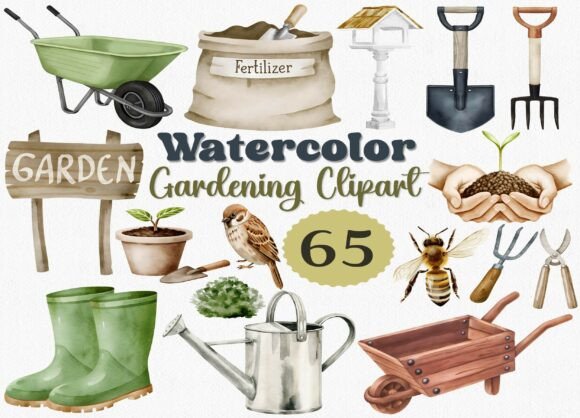 Download Watercolor Gardening Clipart Set, 65 PNG - Gardening clipart Collection